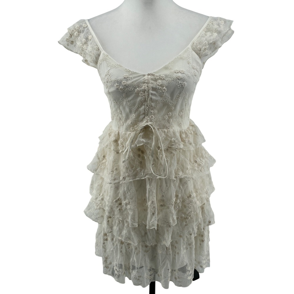Francesca's Lace Ruffle Mini Dress Womens Small Ivory Cottagecore Tiered